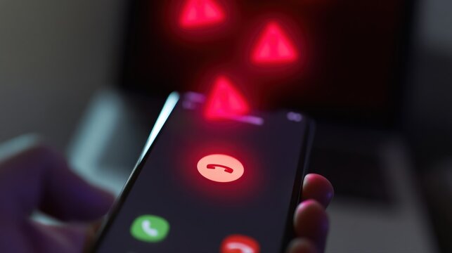 A close-up of hands holding a smartphone displaying an unknown caller warning. Red alert icons represent digital fraud risk in a modern tech environment.