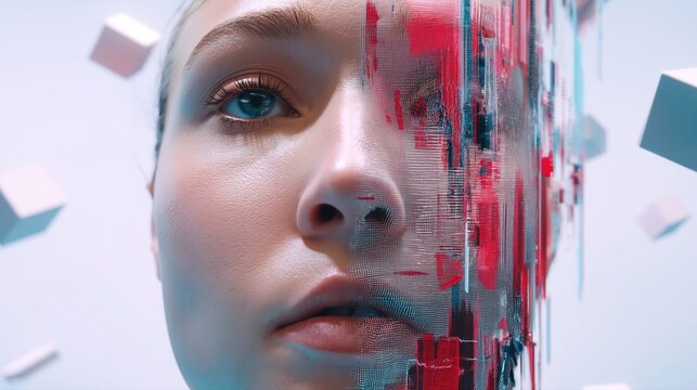 A hyper-realistic portrait splits between natural skin and digital abstraction. Vibrant red and blue glitch patterns and floating cubes embody futuristic duality.