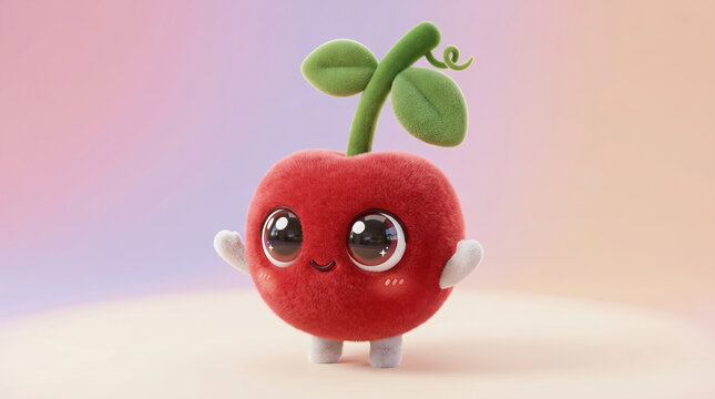 Cute 3D animated red cherry character with green stem and leaves, big eyes, small arms and legs, standing on soft pastel background.