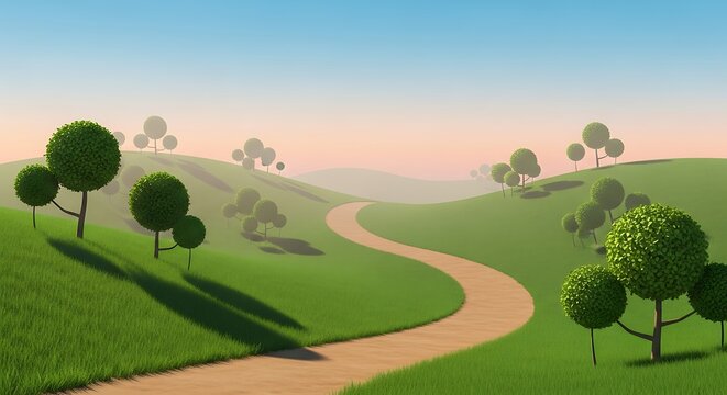 Winding dirt road through green hills and trees at sunset