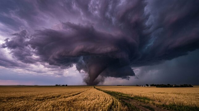 A powerful and ominous photograph capturing a large funnel cloud of a tornado emerging from a massive dark supercell storm system over a golden wheat field under a turbulent twilight sky