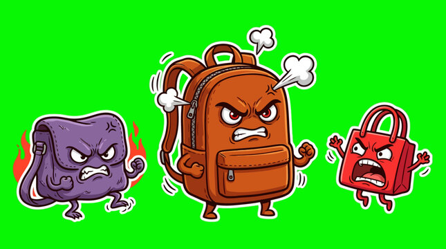 Cartoon Backpacks with Angry Faces and Expressions on Green Background.