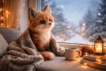 Fototapeta premium Cozy fox wrapped in blanket by window with lantern and coffee during winter snowfall