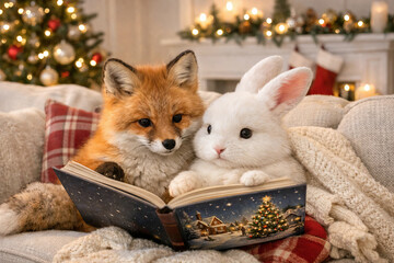 Fototapeta premium Cute fox and white bunny reading a book together on a cozy couch in a festive living room during christmas season. concept of friendship, holiday warmth, adorable animals