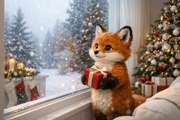 Fototapeta premium Cute fox holding gift box by window in cozy christmas decor during winter snowfall. concept of holiday spirit, winter scene, adorable animal themed seasonal decor
