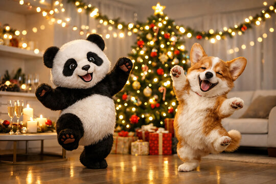 Cute panda and corgi joyfully dancing by christmas tree in festive living room with gifts and twinkling lights. concept of holiday joy, festive animals, celebration