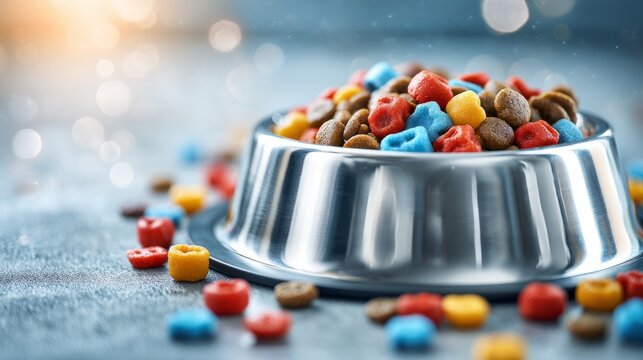 Colorful Pet Food in Upside Down Steel Bowl Surrounded by Pet Snacks