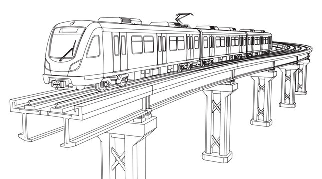 Modern Elevated Metro Train on Curved Viaduct Line Art Illustration for Transit Design