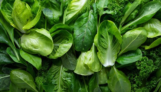 green background texture of fresh lettuce leaves romaine corn spinach arugula with dew drops top view