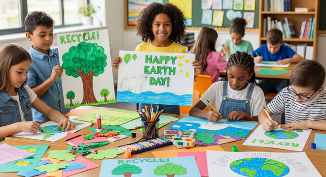 Diverse group of children creating earth day posters in classroom for environmental awareness and education. concept of teamwork, creativity in art activities, ecological conservation