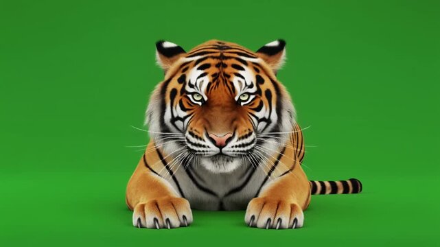 Bengal Tiger CG 3D Realistic Roaring Animation Loop Front Pose with Ultra Detailed Fur on Greenscreen Studio VFX Render