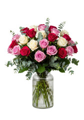 Obraz premium a lush, formal bouquet of deep crimson, blush pink, ivory, and magenta roses with eucalyptus, presented in a clear ribbed glass vase on a transparent background. luxury floral design concept
