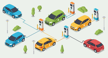Fototapeta premium Sustainable Urban Mobility Electric Cars Charging at Modern Stations, Highlighting Eco-Friendly Transportation and Green Energy Solutions in a Clean City Environment
