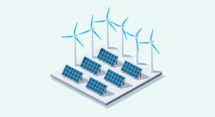 Fototapeta premium Isometric Illustration of a Sustainable Clean Energy Farm with Solar Panels and Wind Turbines Generating Renewable Power for a Green Future