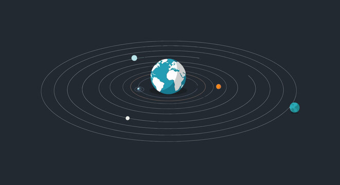 A sleek flat vector illustration depicting a conceptual planetary system with multiple planets orbiting a central blue sphere on a minimalist dark background