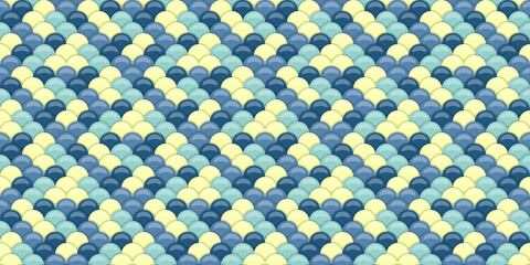 Abstract seamless pattern of overlapping pastel blue and yellow semicircles, creating a fish scale or wavelike design. Perfect for website backgrounds, textile prints, or decorative projects. © Olena