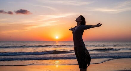 Fototapeta premium A serene woman stands on the beach at sunset with arms outstretched towards the vibrant sky