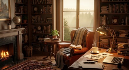 Fototapeta premium A cozy home office with a fireplace and a large window overlooking a serene landscape