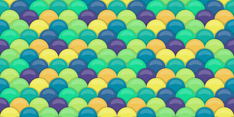 Vibrant, seamless pattern of overlapping, glossy scales in teal, yellow, and purple.  Perfect for backgrounds, textures, or website designs, evoking feelings of summer, ocean, or playful energy. © Olena