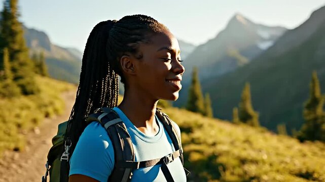 A determined young woman with braided hair finds peace through mindful breathing outdoors, embracing the majestic sun-drenched mountain landscape during a hike that champions heart health awareness