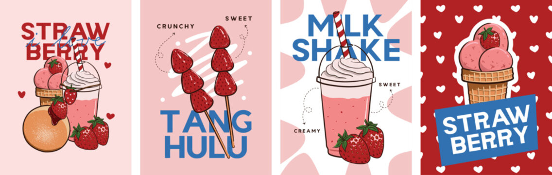 Strawberry flavored food and drink. Illustration of strawberry, milkshake, ice cream, tanghulu, bomboloni. Cute design for poster, flyer, banner, card.