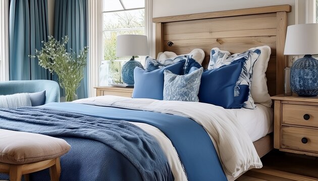 blue pillows on bed french country interior design of modern bedroom generative ai