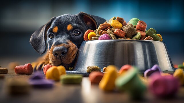 Cute Puppy Lying Next to Flipped Steel Bowl of Colorful Dog Treats