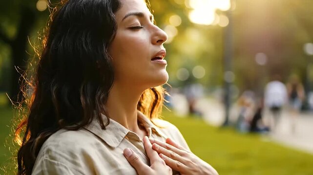 A serene woman practices mindful breathing outdoors in a golden hour park, promoting heart health awareness and holistic well-being through quiet self-reflection.