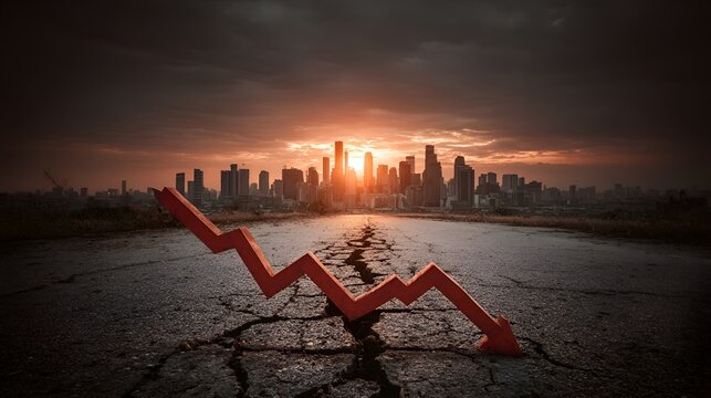 A dramatic red arrow pointing down over cracked ground with a city skyline du a sunset illustrating economic decline and collapse.