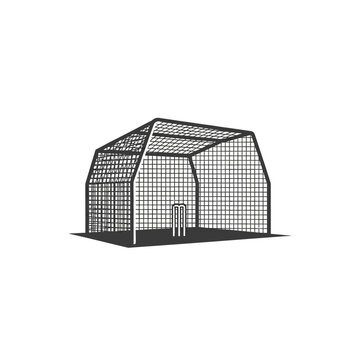 Sleek black and white illustration of a cricket practice net, a modern mesh cage enclosure with stumps, ideal for focused batting and bowling training
