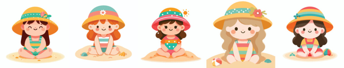 Naklejka premium vector of a little girl sitting on the beach sand celebrating summer