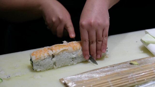 Sushi chef using a bamboo mat to roll a fresh maki roll with salmon and avocado for authentic Japanese food preparation in a professional kitchen environment
