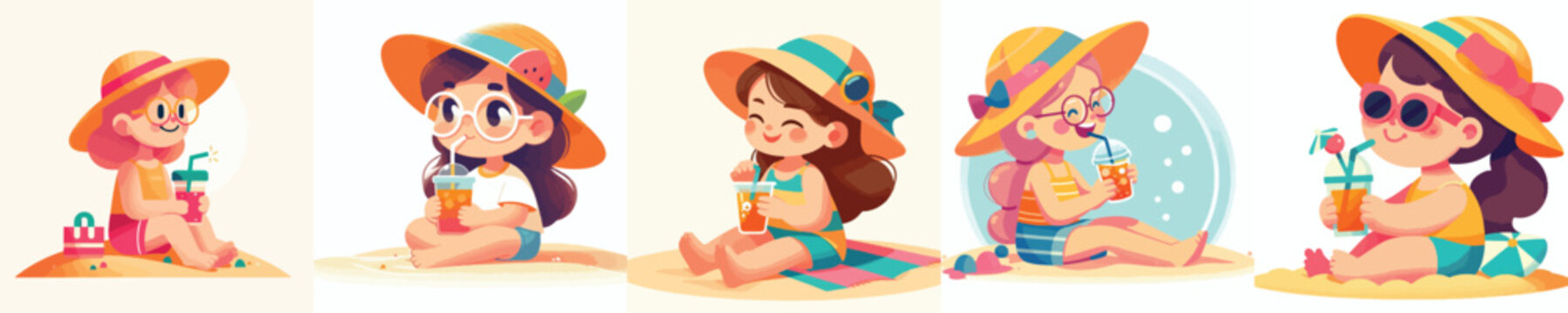vector of a little girl sitting on the beach sand and drinking orange juice celebrating summer