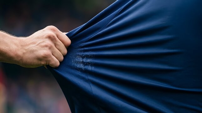 Close up shot of a hand pulling a navy blue soccer jersey showing tension and fabric texture details
