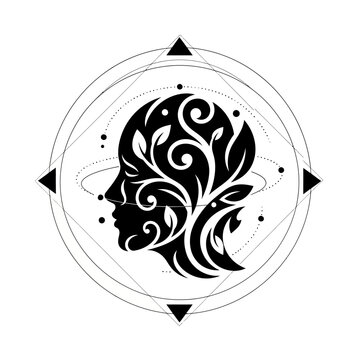 Stylized human head with intricate floral patterns and celestial elements.