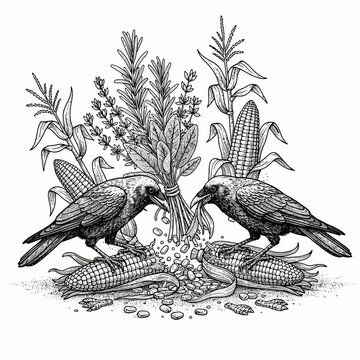 Two Crows Feasting on Harvested Corn and Grains.