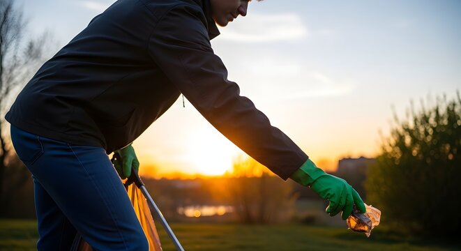 Person wearing gloves and holding a litter picker at sunset in a park, contributing to environmental cleanup