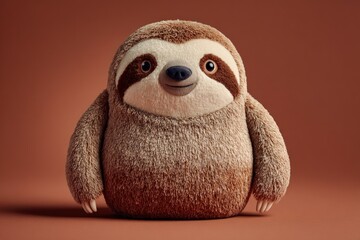 Fototapeta premium Cute fluffy sloth plush toy sitting on brown background, copy space