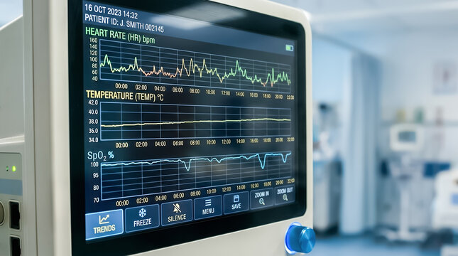 Patient monitoring system screen displaying 24-hour historical trend graphs for heart rate, temperature and SpO2 levels. Close-up of medical vital monitor with digital interface in hospital ward.