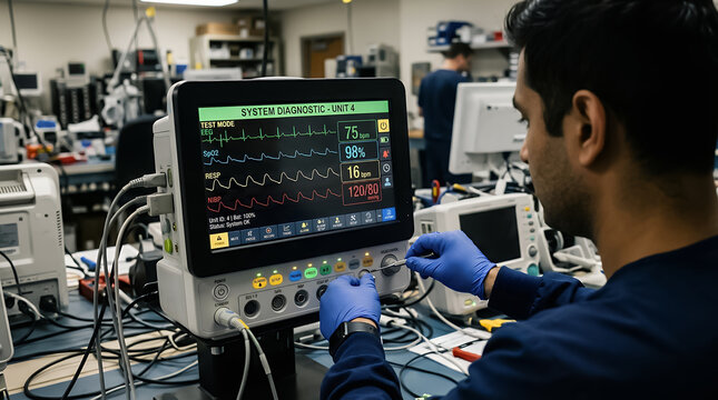 Faceless biomedical technician in glove calibrates medical patient monitor with tool on control dial. Screen displays test ECG waveform in laboratory. Calibration maintenance. Diagnostic system.