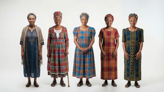 Portrait of five senior Afro-Caribbean descent women standing side by side in colorful traditional madras dresses and headties on a white background.