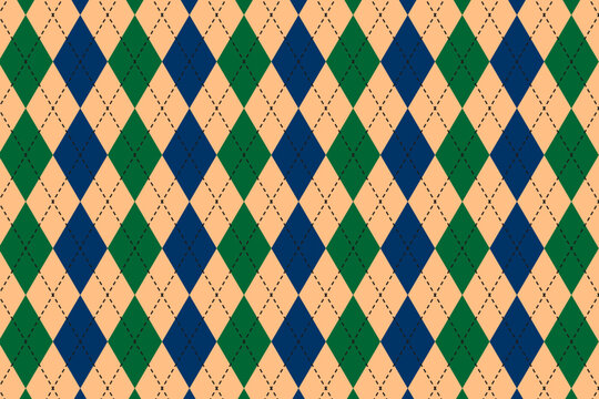 Traditional argyle pattern with blue and green rhombus shapes for menswear. Sweater, socks, plaid or wrapping paper print with repeated diamonds. Father Day theme wallpaper. Vector illustration.