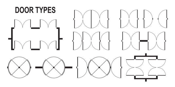 Set of open and closed door icons for floor plan. Entrance and exit signs in top view. Architecture elements for interior design draft isolated on white background. Vector graphic illustration