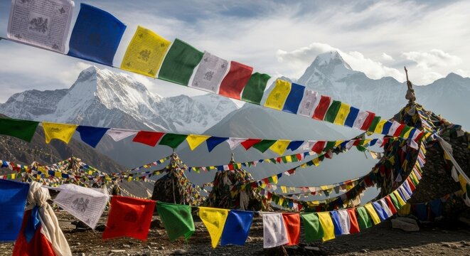 Vibrant prayer flags flutter in the wind against a stunning mountain backdrop