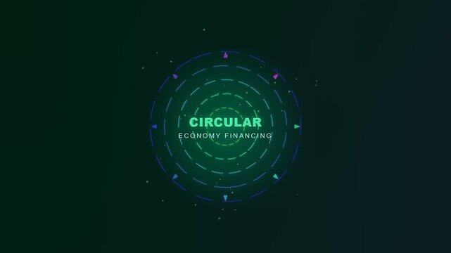 A futuristic digital animation showcasing circular economy financing through an expanding holographic interface with neon glowing rings and pulsating light particles over a dark void