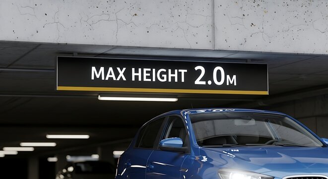 Blue car passing under a low clearance sign in a parking garage