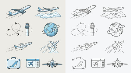 Fototapeta premium Collection of airplane and travel-related icons, including planes, airports, globes, and luggage, presented in both color and outline styles.
