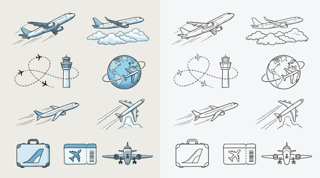Collection of airplane and travel-related icons, including planes, airports, globes, and luggage, presented in both color and outline styles.