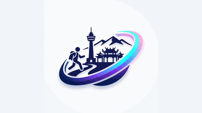 Traveler Hiking Towards Iconic Tower and Mountain Landscape Logo Design.