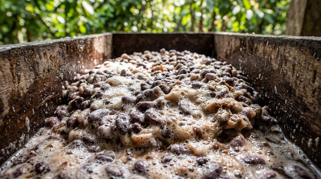 Real Fermenting Cocoa Beans with Sticky Pulp in Wooden sweatbox at Cacao Plantation